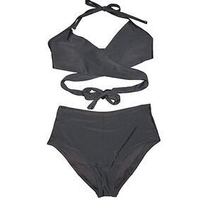American Eagle Aerie Black Wrap Tie Bikini Top + High Waist Bottoms Size L
